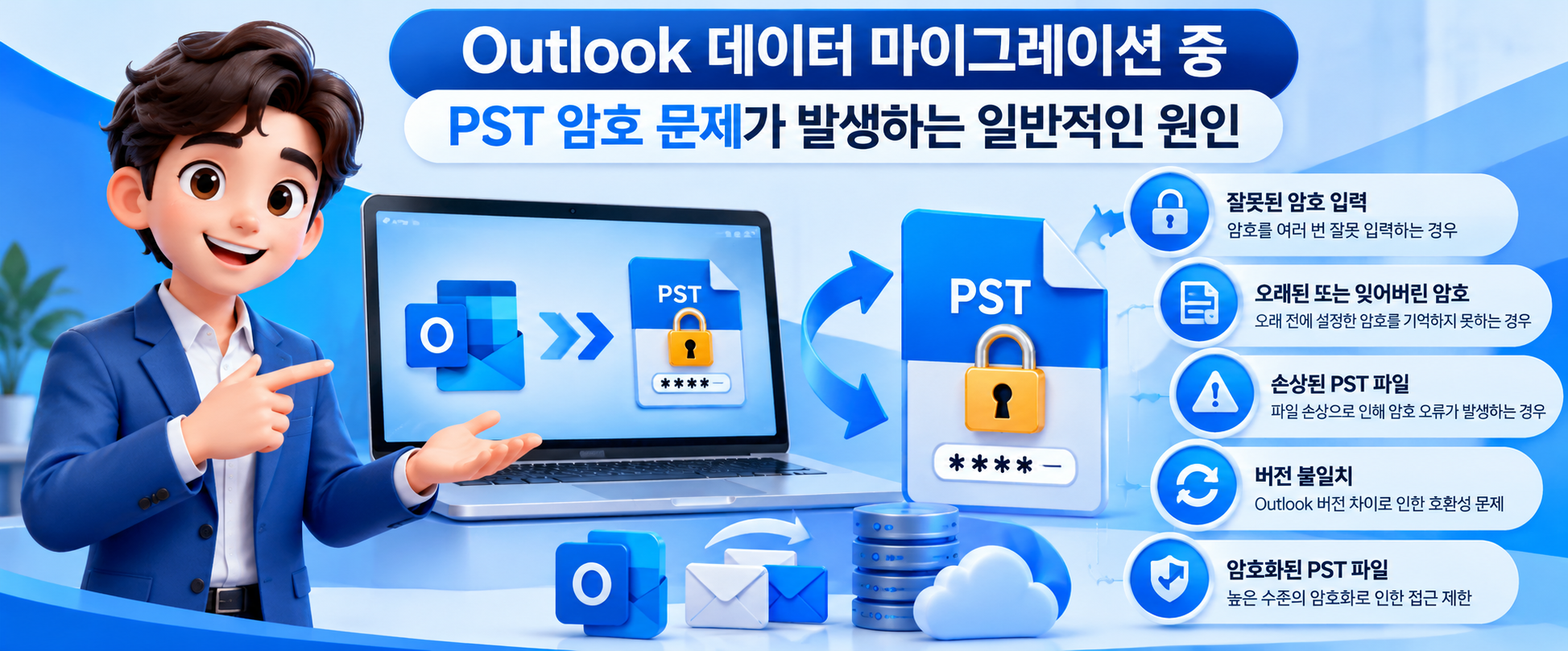 Outlook 데이터 마이그레이션 중 PST 암호 문제가 발생하는 일반적인 원인